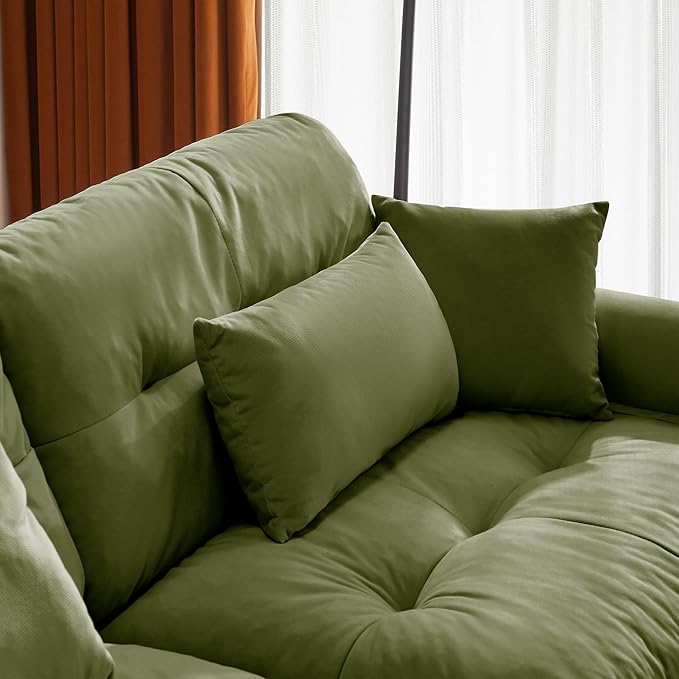 Extra Large 3-Seat Modern Velvet Sofa with Olive Green Vintage Fabric Cloud-Like Comfort Waist &amp Throw Pillows Included