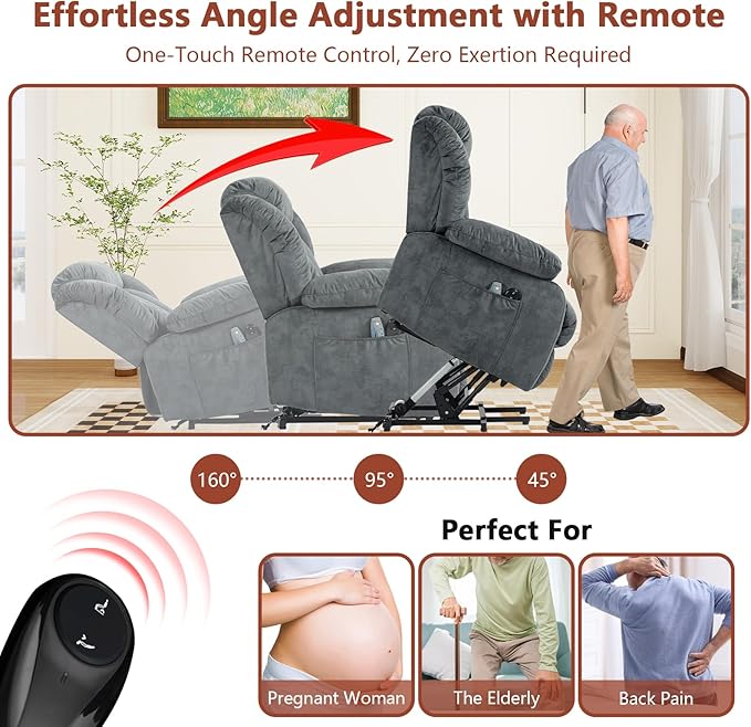 cinkehome Power Lift Recliner Chair for Elderly with Heated Massage Electric Lift Chairs Overstuffed Reclining Chair with Remote Control and Side Pockets for Living Room Bedroom (Velvet Gray)