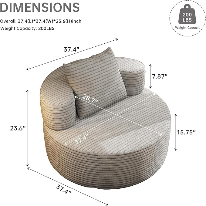 37.4 Oversized Boneless Chair Round Chaise Lounge Boneless Accent Chair Indoor Upholstered Corduroy Deep Seat Sofa Chair No Assembly Required for Living Room Bedroom Apartment