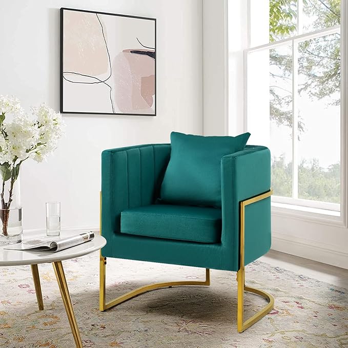 X-VOLSPORT Velvet Accent Chair Modern Barrel Arm Chair for Living Room/Bedroom/Guest Reception Upholstered Club Armchair with Pillow &amp Gold Base Green