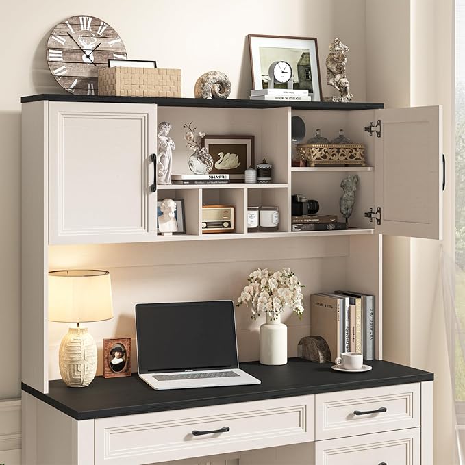 Vabches Farmhouse Executive Desk with 4 Drawers and Storage Cabinet Rustic Large Home Writing Desk with Hutch Workstation for Bedroom Black.