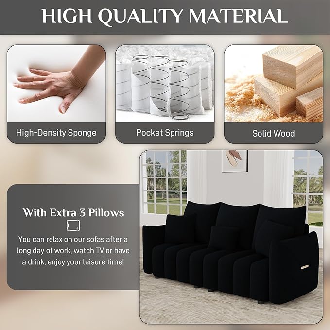OUYESSIR Teddy Cloud Sofa Couch 81 Comfy Upholstered Sherpa Deep Seat Boucle Sofa Modern Cozy 3 Seater Couch with 3 Pillows Oversized Loveseat for Living Room Office Apartment Black