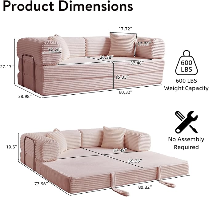 4-in-1 Convertible Folding Sleeper Sofa Bed Plush Corduroy Foldable Mattress Couch with Fixed-Shape Frame Floor Compressed Sofa for Living Room Bedroom (Pink)