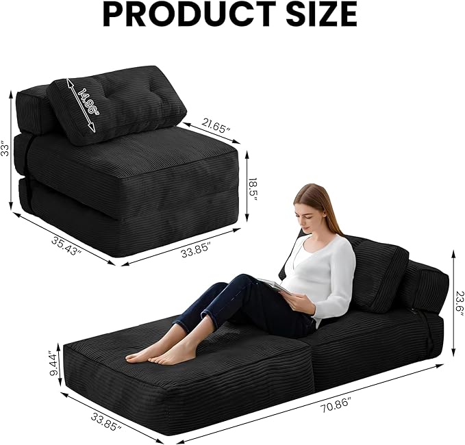 tantohom Folding Sofa Bed Convertible Sleeper Chair with Pillow Foldable Mattress with Back SupportSpace-Saving Sofa for Living RoomBedroom (Black)