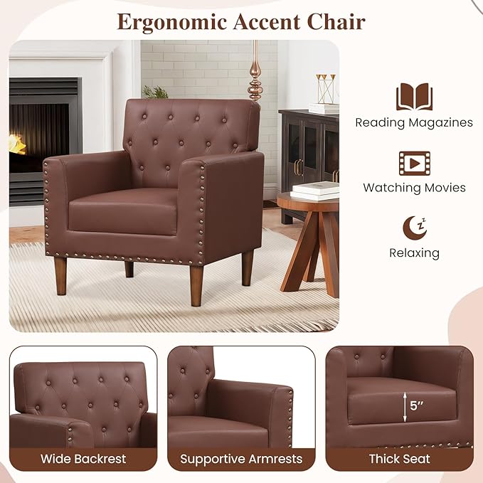 KOMFOTT Mid Century Modern Accent Chair Faux Leather Upholstered Armchair with Button Tufted Decoration &amp Rivets Rubber Wood Legs Soft Padded Seat Cushion Single Sofa for Living Room Home