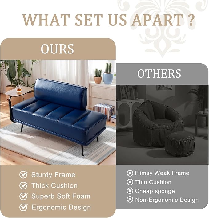 55 Sofa Couch for Living Room with 360° Swivel Side TableUpholstered Small Couches for Bedroom Office or Apartment (Blue)