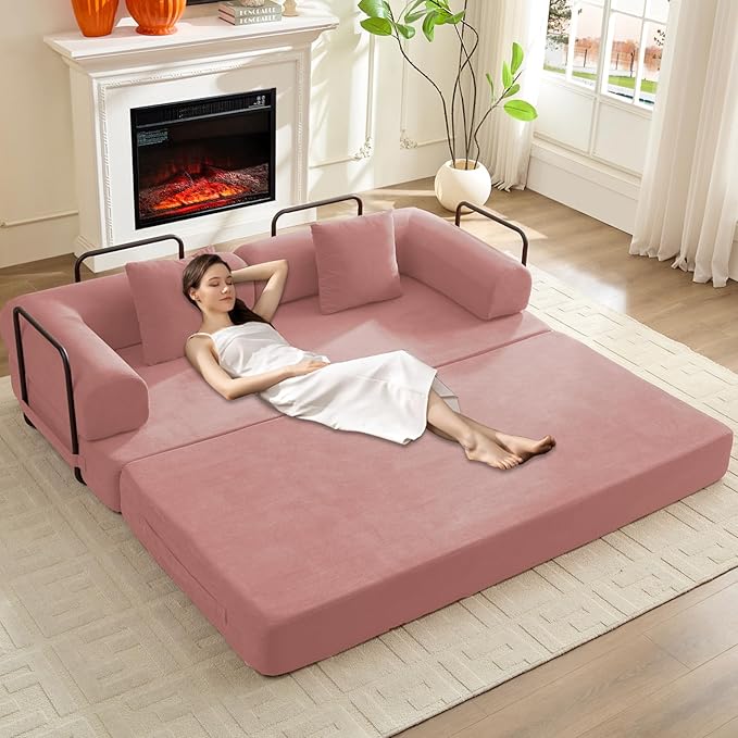 Mjkone 78.7 W Convertible Folding Mattress Couch with Armrest Corduroy Floor Sofa Bed with Metal Fixed-Shape Frame 5-in-1 DIY Futon Lazy Sofa Cama Lounge Couch for Living Room Bedroom Studio Pink