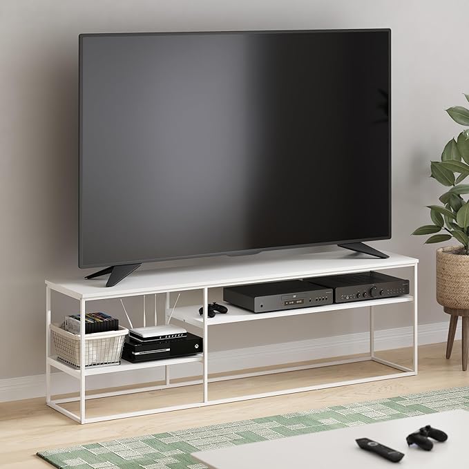 Furinno Moretti TV Stand 3-Tier Metal Frame Modern Entertainment Center Open Shelf TV Console for TV up to 70 Inch for Living Room Bedroom Solid White
