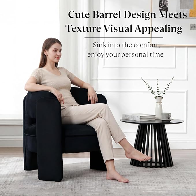 Modern Accent Chair Set of 2 Low Seat Round Upholstered Lounger Chair with Barrel Back Solid Wood Legs Mid Century Velvet Comfy Armchair Cozy Side Chair for Living Room Bedroom Black