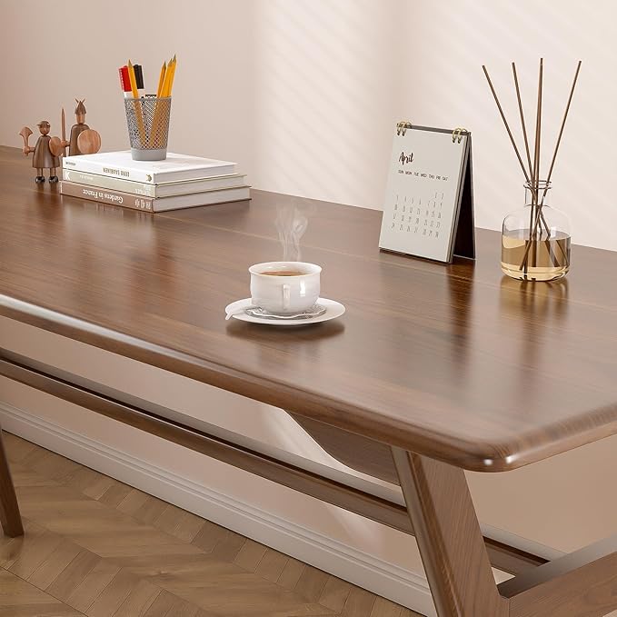 Solid Wood Study Desk - 63 Double Long Computer Table for Home Office 2-Person PC Workstation Walnut