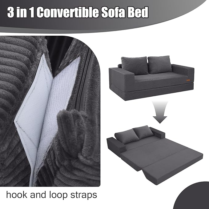 COMAX Convertible Sofa Bed Queen Corduroy Folding Floor Couch Pull Out Couch Bed Futon Sleeper with Pillows Fold Out Boneless Sofa Comfy Lounge Mattress Loveseat for Living Room Bedroom Grey