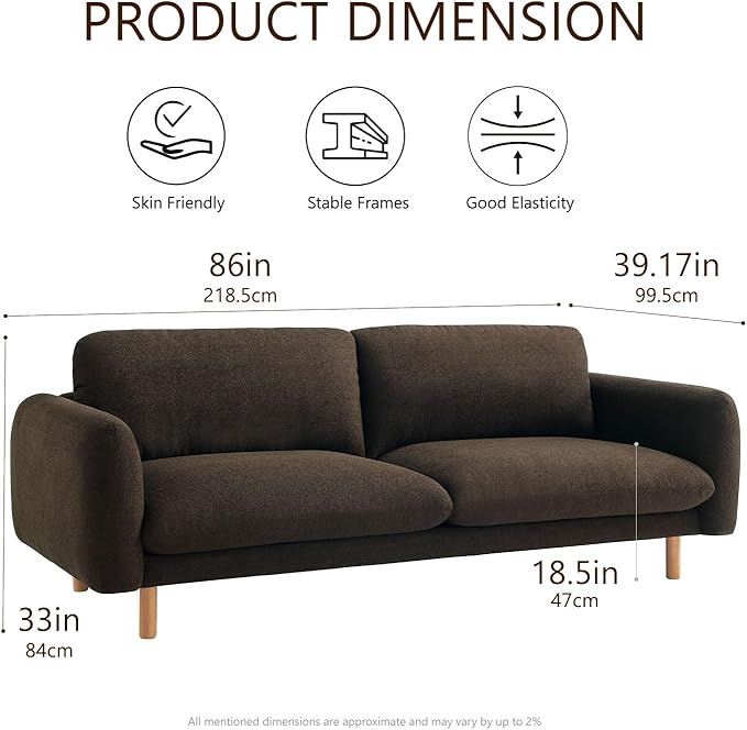 Get Set Style Scandi 3 Seater Sofa Couches 86” Minimalist Modern Upholstered Sofa with Comfort Cushions Couch for Living Room &amp Apartment (Chocolate Sofa)