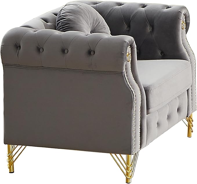 ERYE 37-Inch Chesterfield Button Tufted Single Sofa with Round Pillow Single Seat Velvet Tufted Sofa W/Nailhead DecorRing Accent &amp Golden Legs