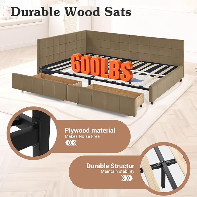 Queen Corner Bed Frame with Storage Drawers Modern Velvet Upholstered Sofa Day Bed Frame with Wood Slats for Living Room Bedroom Guest Room No Box Spring Needed Brown
