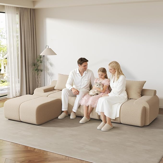 114 Cloud-Loaf Modular Sectional Sofa with Ottoman Modern Boucle Cloud Couch for Living Room 67 Deep Seat L-Shaped Sofa Set Boneless Comfy Memory Foam Couches No Assembly Beige | Modular Design