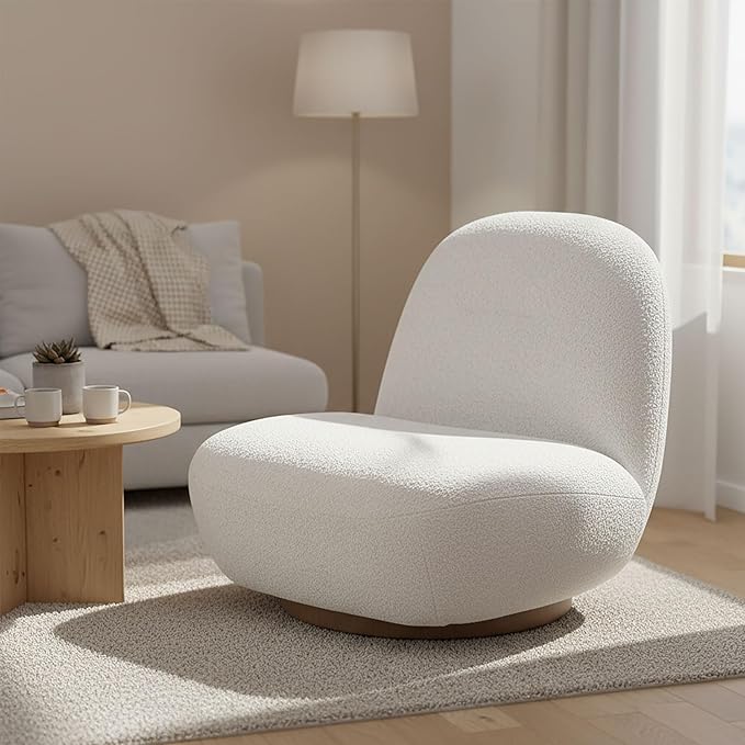 31 Swivel Boucle Accent Chair Modern Minimalist 360° Rotation Comfy Upholstered Lounge Chair No-Assembly Barrel-Style Armchair for Living Room Bedroom Apartment or OfficeWhite