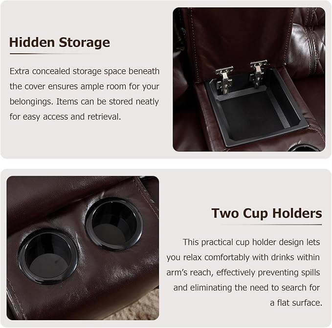 EBELLO Manual Reclining Loveseat Faux Leather Double Recliner Sofa with Center Console Hidden Storage &amp Cup Holders Vintage Rivet Mid-Century Modern Design for Living Room Dark Brown