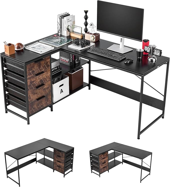 VEVOR L-Shaped Computer Desk 59-inch Reversible Corner Gaming Desk with Drawers &amp Storage Shelves Modern Stylish PC Table Sturdy Work Workstation for Home Office - Easy to Assembly