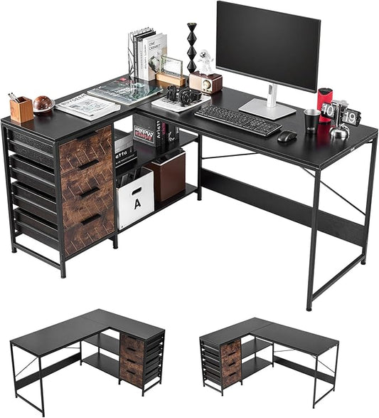 VEVOR L-Shaped Computer Desk 59-inch Reversible Corner Gaming Desk with Drawers &amp Storage Shelves Modern Stylish PC Table Sturdy Work Workstation for Home Office - Easy to Assembly