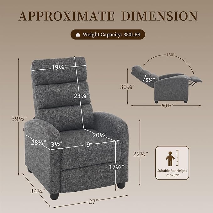 Furnimart Small Manual Recliner Chair for Small Spaces Overstuffed Chenille Reclining Chair with Chunky Cushion Comfortable Single Sofa Recliner for Adults Living Room Bedroom Home Theater Gray