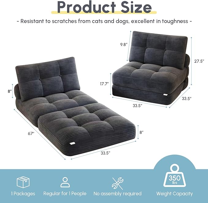 Folding Sofa Bed Convertible Sleeper Chair with Pillow Foldable Mattress with Back Support