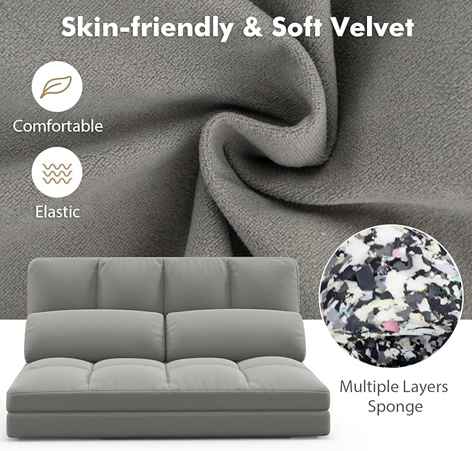Giantex Floor Sofa Bed with 2 Pillows Convertible Sofa Couch w/ 6 Positions Adjustable Backrest Velvet Cover Folding Lazy Sleeper Sofa for Living Room Bedroom Guest Room (Light Grey)