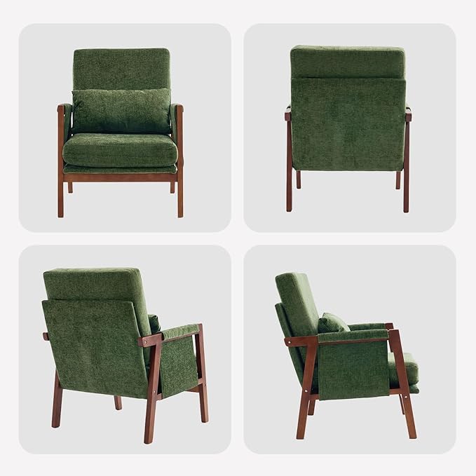 Accent Chair Mid-Century Modern Chair with Lumbar Support Pillow Upholstered Living Room Chairs with Wooden Chenille Armchair with Cushion Comfy Side Chair for Bedroom Balcony Green