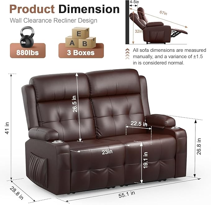 Reclining Loveseat 55.1 RV PU Leather Wall Hugger Recliner Love Seats Sofa with Charging Station Removable Armrest Cup Holder Double Recliners Couch Manual Love Seat for Living Room