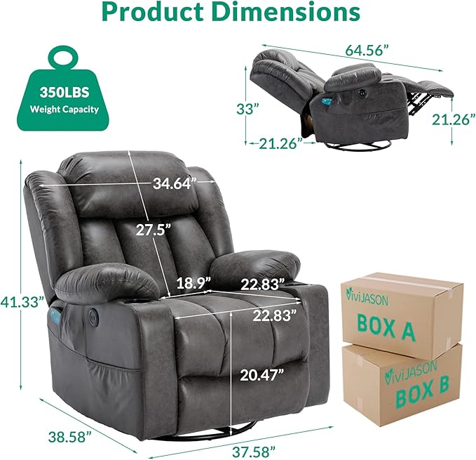 VIVIJASON Swivel Rocker Recliner Chair with Heat &amp Vibration Manual 360° Swivel Glider Overstuffed Reclining Chair with 2 Cup Holders Side Pockets &amp USB Ports for Living Room Gray