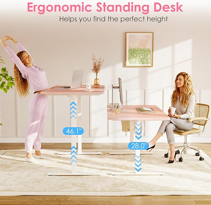 OffiGo Electric Height Adjustable Standing Desk 48 Inch Pink Computer Desk for Women Girls Sit Stand Table for Home Office Bedroom