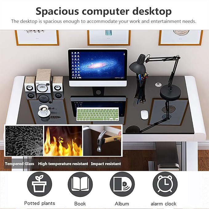 Tempered Glass Computer DeskModern Office Desk with Glass Top &amp Z-Shaped Metal FrameSturdy Writing Desk Table Study DeskGaming Desk Computer Desk for Home Office Workstation