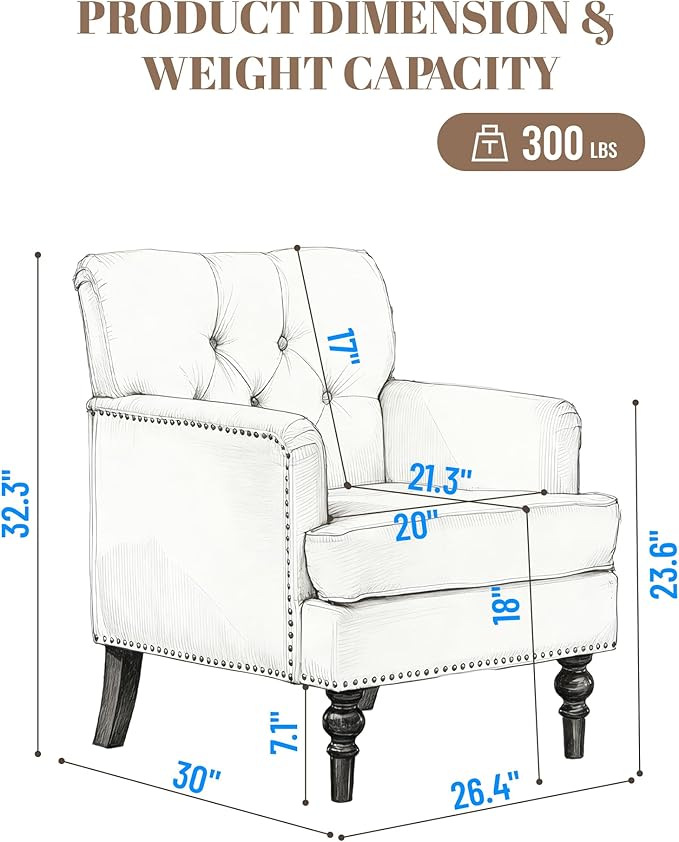 Tufted Corduroy Armchair with Nailhead TrimMid Century Modern Fabric Upholstered Accent Side Chair for Living Room Bedroom26.4 Arm Chair with Solid Wood LegsReading Club Chair (1 Blue)