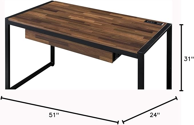 HOMES: Inside + Out Siggers Industrial 1-Drawer Metal USB Port 51 in. Desk for Study Room Home Office Living Room Sand Black and Natural Brown