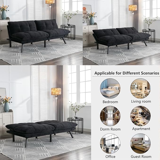 71 Velvet Futon Sofa Bed Modern Convertible Futon Sofa Bed Couch Adjustable Armrests and Backrest Sofa Sleeper for Living Room Small Space Apartment Office