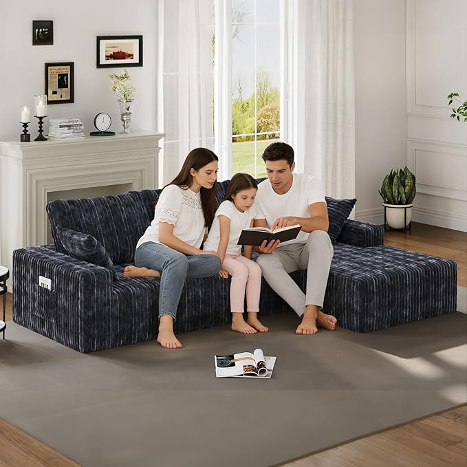 107 Sectional Couches 4 Seat Modular Sectional Sofa with Right Chaise Lounge Boneless Cloud Couch Upholstered Couch for Apartment Living Room No Assembly Required (Grey Stripe)