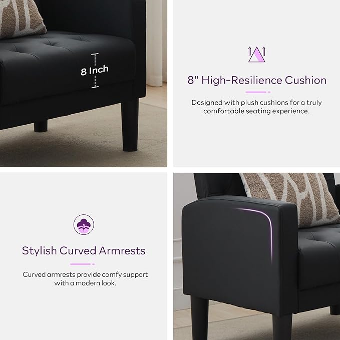 TYBOATLE Accent Chair Comfy Living Room Chair Black Leather Tufted Mid Century Modern Accent Chairs Small Cozy Reading Arm Chair for Office Bedroom (1 Black)