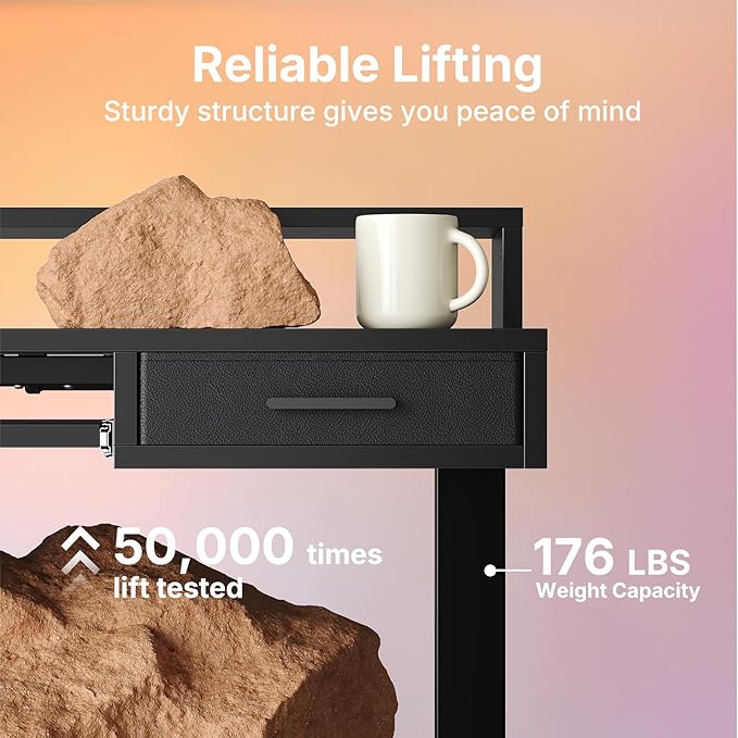 HUANUO 55″ x 26″ Electric Standing Desk with 2 Drawers &amp24.4″ Large Keyboard Tray C-Clamp Mount Compatible Adjustable Computer Desk for Office Sit Stand Up Desk with 4 Height Presets Black