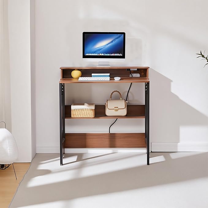 Fold Out Desk with Power Outlets Small Foldable Table with Storage ShelfSpace-Saving Hidden Desk for Bedroom Living Room &amp Office (Walnut)