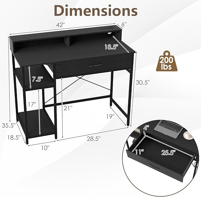 Tangkula Small Computer Desk with Power Outlets 42 Writing Desk with Hutch Drawer &amp 2 Open Shelves Gaming Table with Heavy-Duty Metal Frame for Home Office (Black)