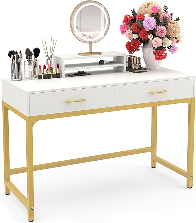 WESTREE Women Makeup Vanity Desk with 2 Drawers - Bedroom Home Office Desk Wooden Height Monitor Stand &amp Storage Shelf Without Mirror White Table Great Gift for Her