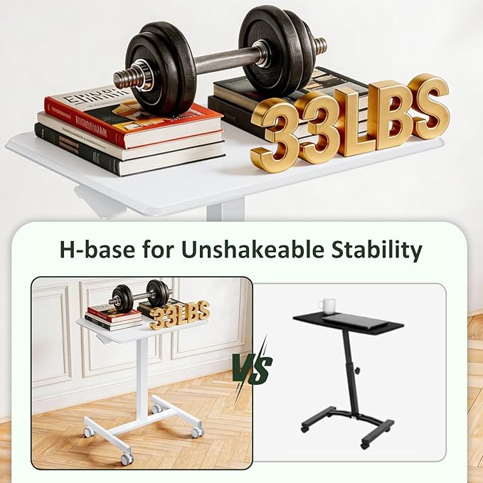 Mobile Standing Desk Adjustable Height Rolling Sit-Stand Laptop Desk with Lockable Casters Portable Compact Computer Table for Home Office Dorm White