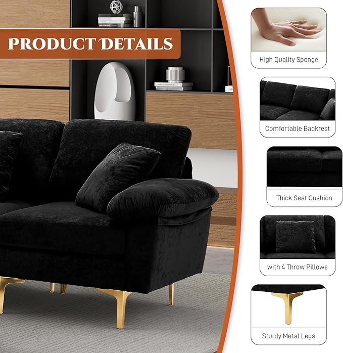 OUYESSIR U-Shaped Sectional Sofa Couch 4 Seat Sofa Set for Living Room Convertible L-Shaped Velvet Couch Set with Chaise Lounge Ottoman and Pillows114 inches (Black)