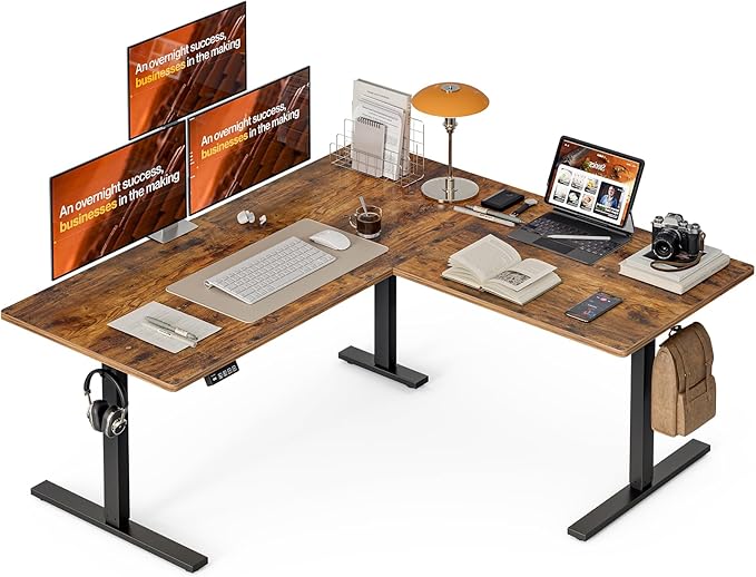 Grandder L Shaped Standing Desk Adjustable Height Electric Standing Corner Desk 63 Inch Sit Stand Computer Table with Splice Board Rustic Brown