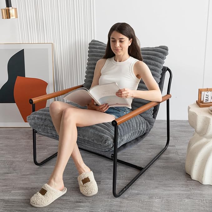 MAXYOYO Accent Chair Sherpa Arm Chair for Living Room Mid Century Modern Accent Chairs Boucle Reading Bedroom Chair Teddy Armchair Wooden Arms Metal Frame