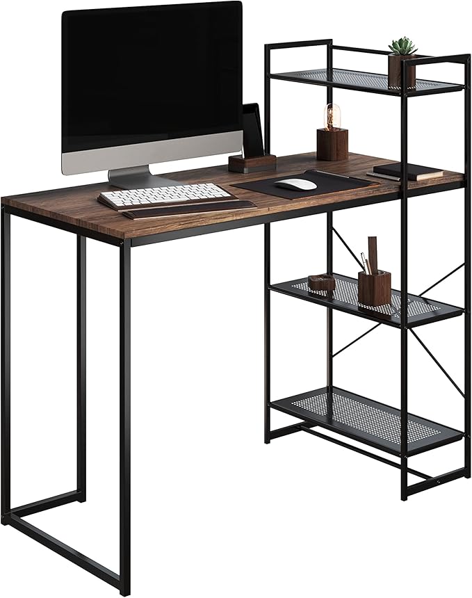 Lavish Home All-in-One Computer Desk with Shelves – Modern Industrial Style Wood and Steel for Home Office Bedroom or Craft Table