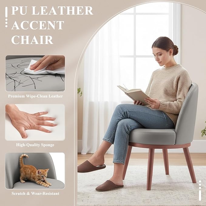 Accent Chair Set of 2 PU Leather Mid-Century Modern Chair for Small Space Comfy Upholstered Armless Chair for Living Room Bedroom Light Gray