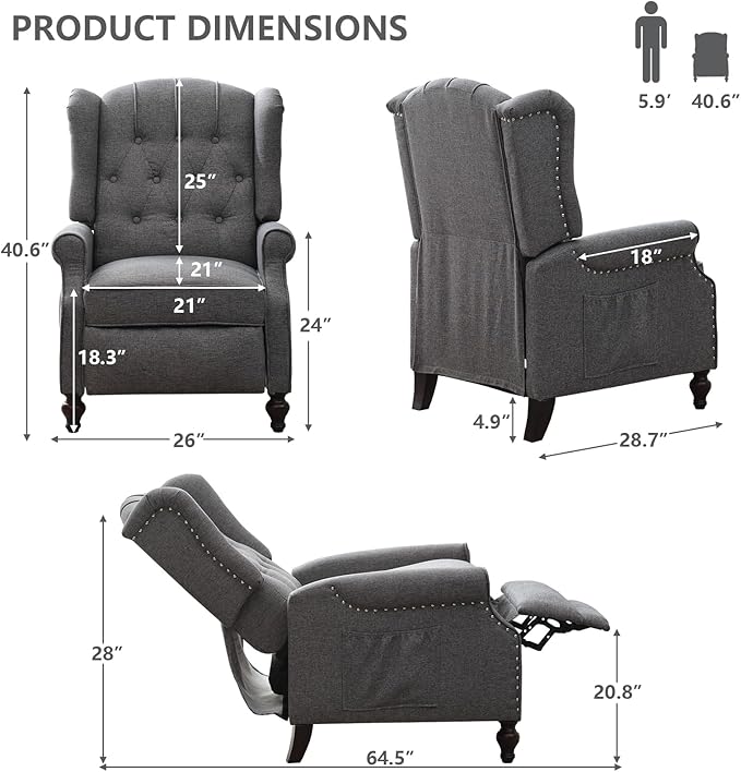 MANBUR Wingback Pushback Recliner Chair Upholstered Tufted Recliner with Massage and Heat Tufted Armchair Single Sofa Reclining Sofa for Living Room Bedroom or Club (Gray)
