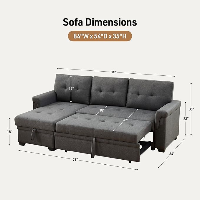 Lilola Home Convertible Sectional Sleeper Sofa Bed 84 Inch L Shaped Couch with Pull Out Bed Storage Chaise Removable Back Cushions for Living Room Office Linen Fabric Dark Gray