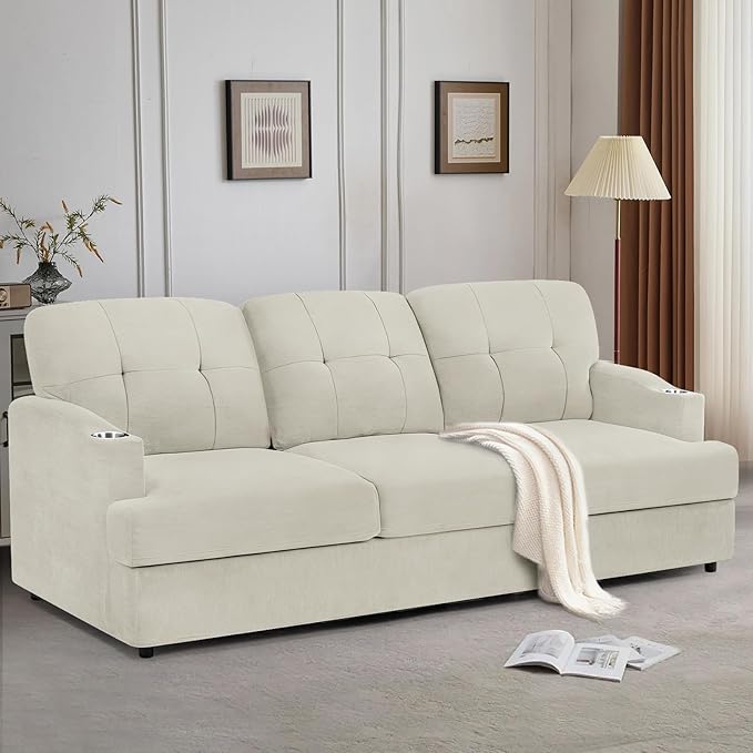 89 Chenille 3 Seats Sofa with Built-in Cup Holder Tufted Modern Couch with Thickened Seat Cushions Soft Upholstered Sofa with Deep Seating Space for Living Room Apartment Beige