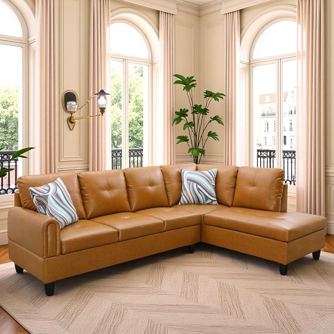 L Shaped Couch Sectional Couches with Chaise 3 Pieces Modular Convertible Sofa for Living Room Furniture Sets and Small Apartment Faux Leather Ginger